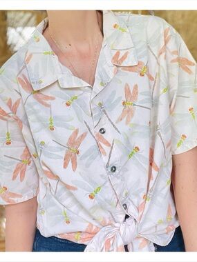 Vintage Tom Tom Peach Tone Dragonfly Print Casual Oversized Button Down Shirt-